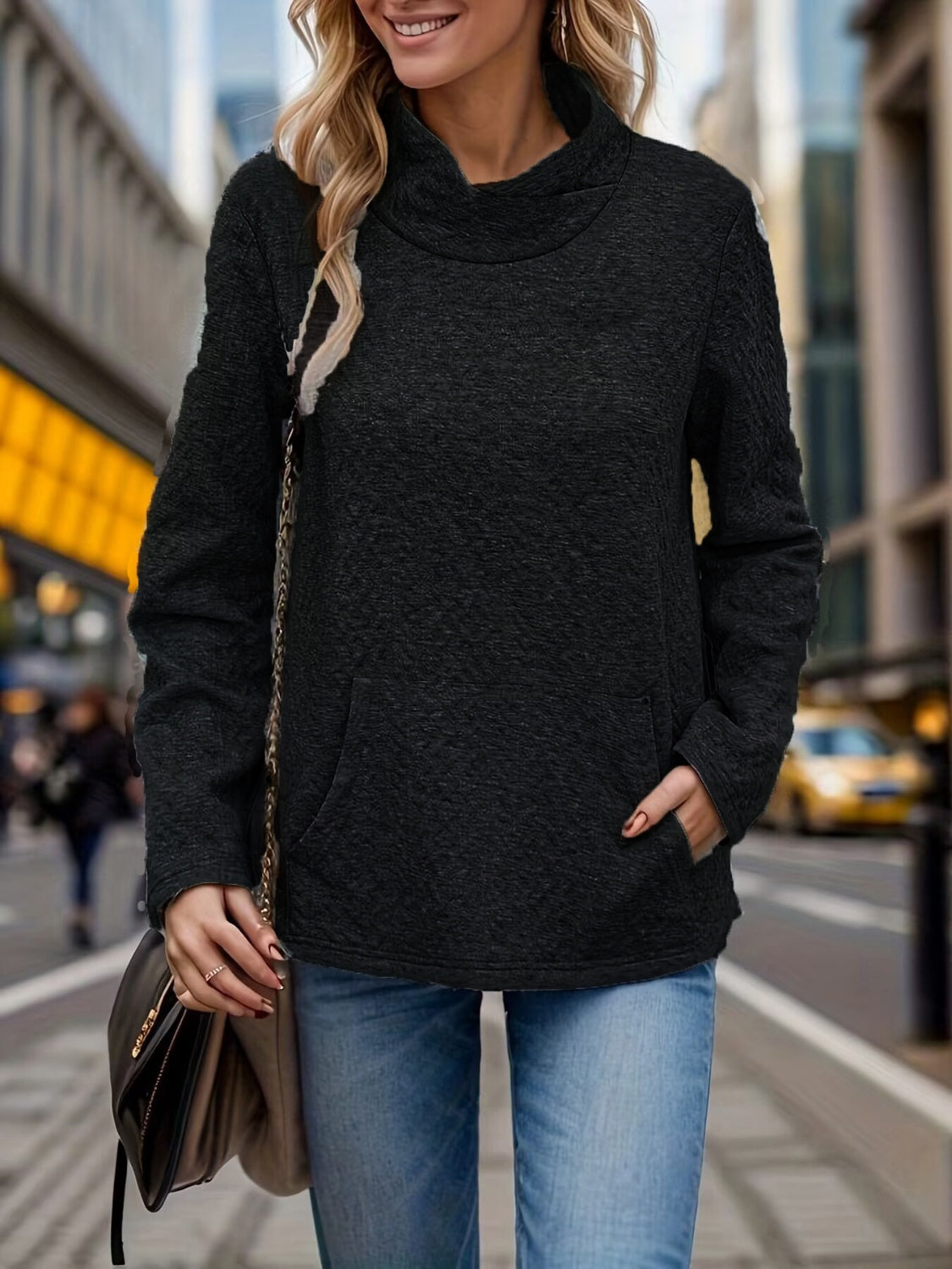 Pocketed Turtleneck Long Sleeve Sweatshirt