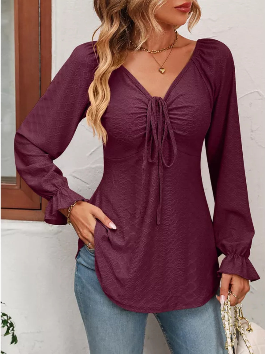 Full Size Drawstring Ruffled V-Neck Long Sleeve Blouse