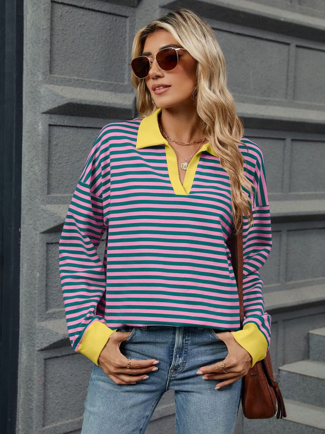 Striped Johnny Collar Long Sleeve Sweatshirt