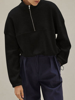 Waffle Knit Drawstring Half Zip Long Sleeve Sweatshirt