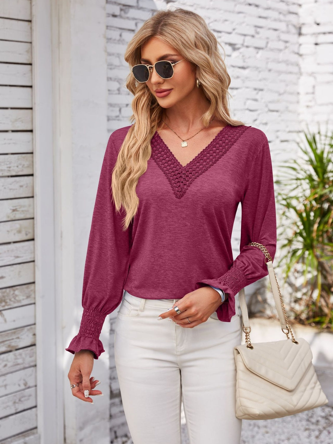 Smocked V-Neck Long Sleeve Blouse