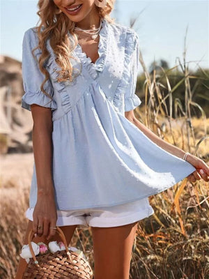 Frill V-Neck Short Sleeve Blouse