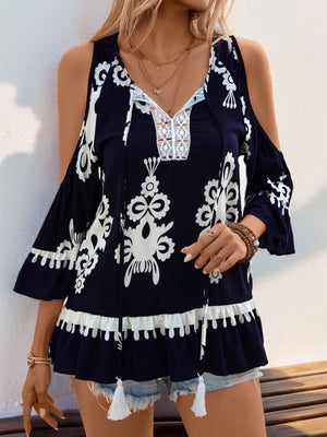 Perfee Tassel Printed Tie Neck Cold Shoulder Blouse