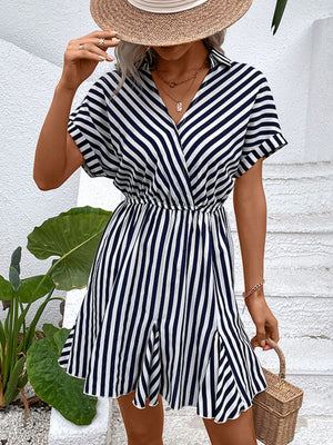 Perfee Striped Johnny Collar Mini Dress