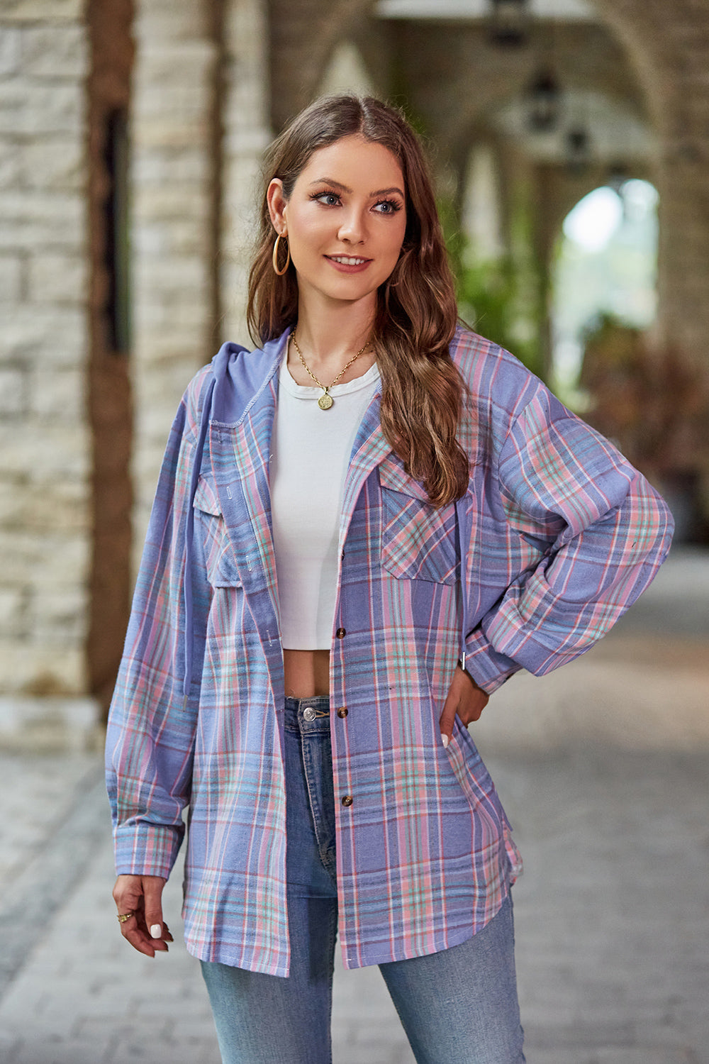 Mandy Plaid Long Sleeve Hooded Jacket