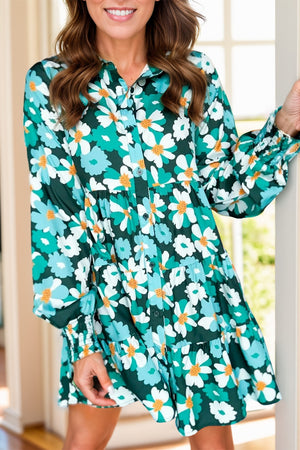 Printed Collared Neck Lantern Sleeve Mini Dress