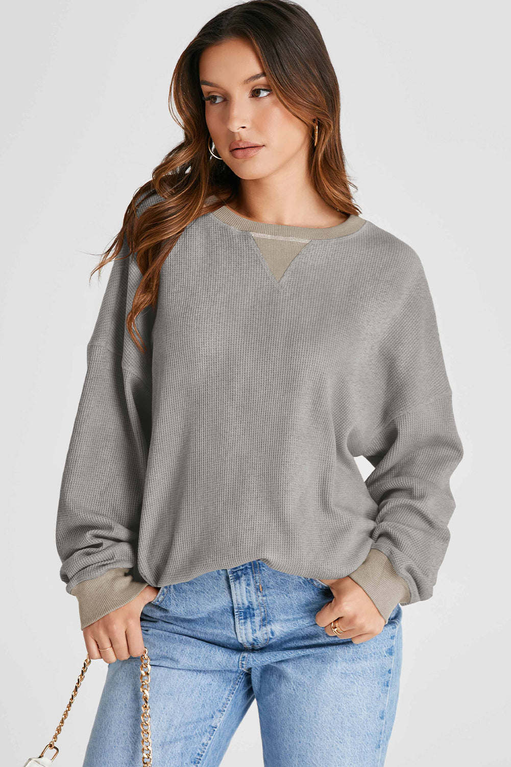 Waffle-Knit Long Sleeve Sweatshirt