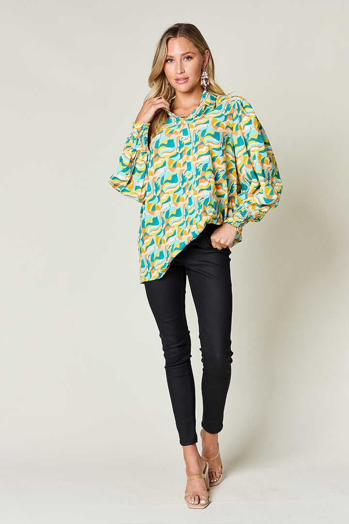 Double Take Full Size Printed Smocked Long Sleeve Blouse