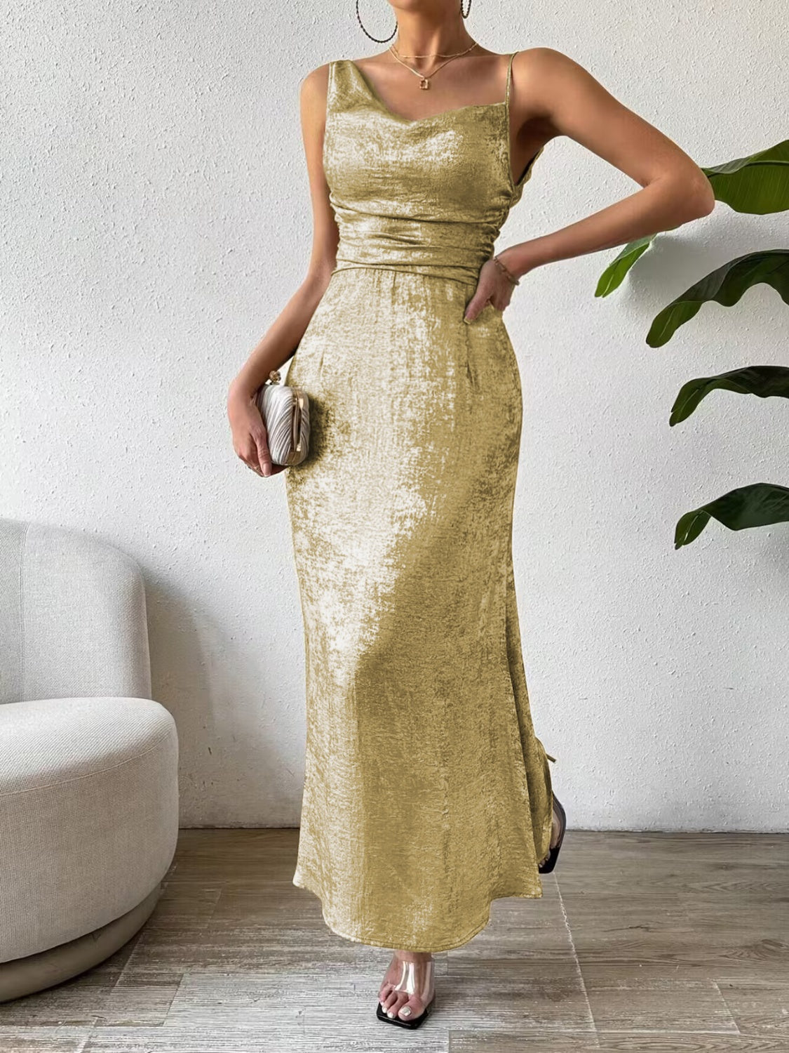 Honey Asymmetric Neck Sleeveless Midi Dress