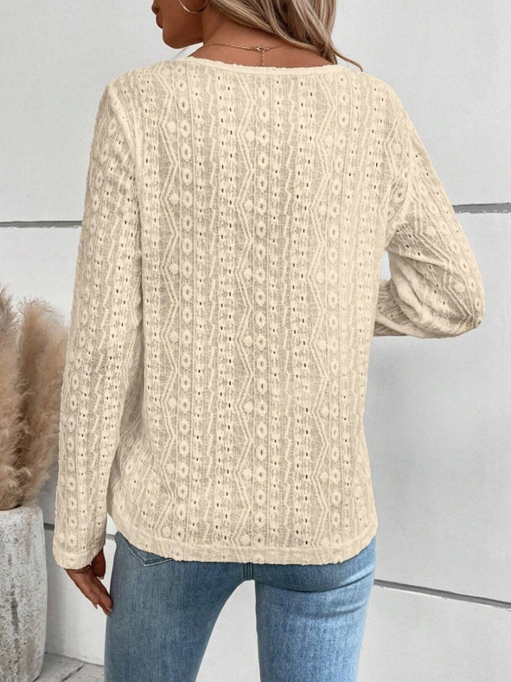 Openwork Half Button Long Sleeve Blouse