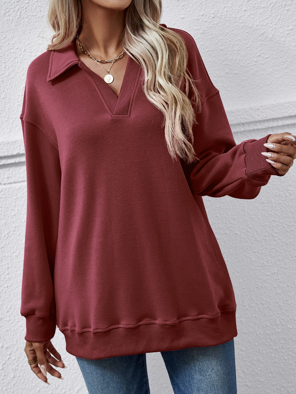 Collared Neck Dropped Shoulder Sweatshirt