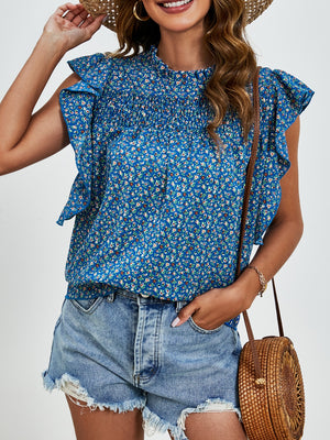 Ruffled Ditsy Floral Mock Neck Cap Sleeve Blouse