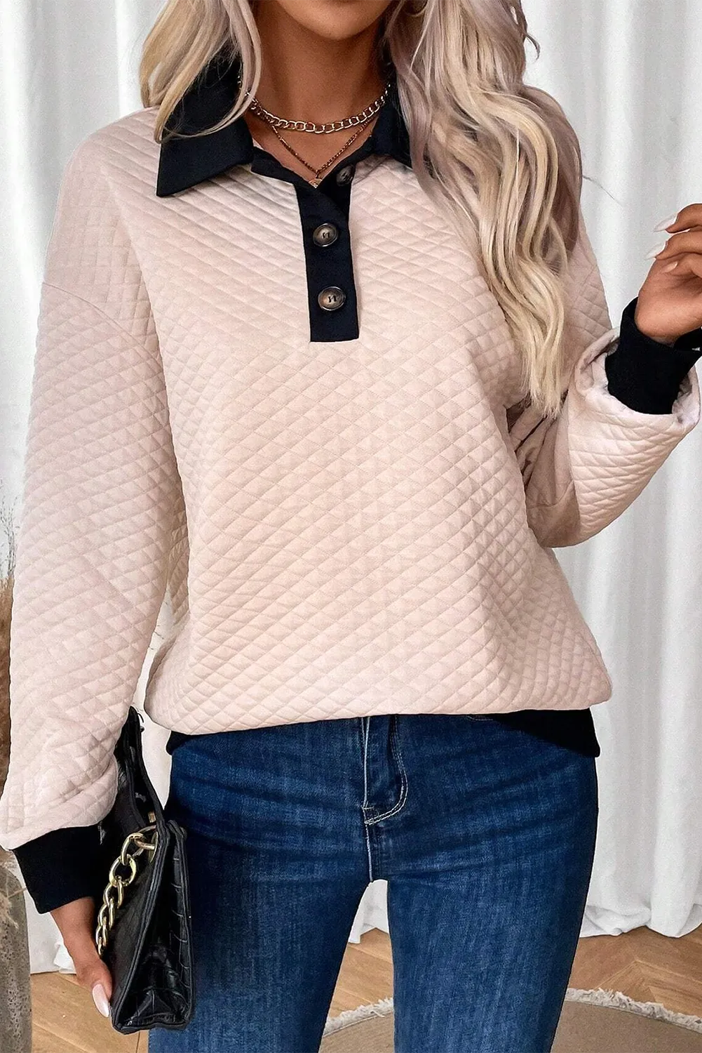 Textured Collared Neck Long Sleeve Top