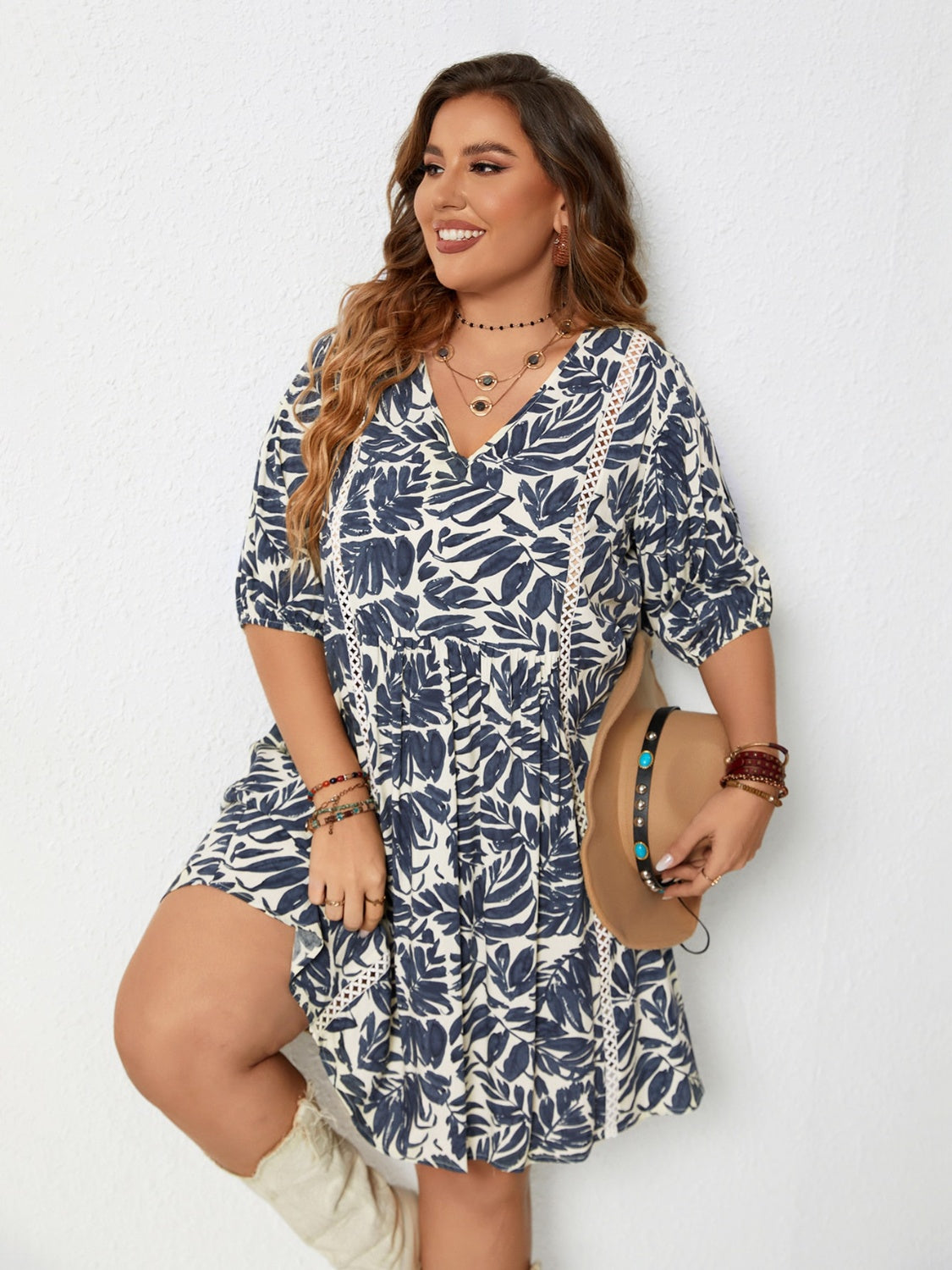 Plus Size Printed V-Neck Half Sleeve Mini Dress