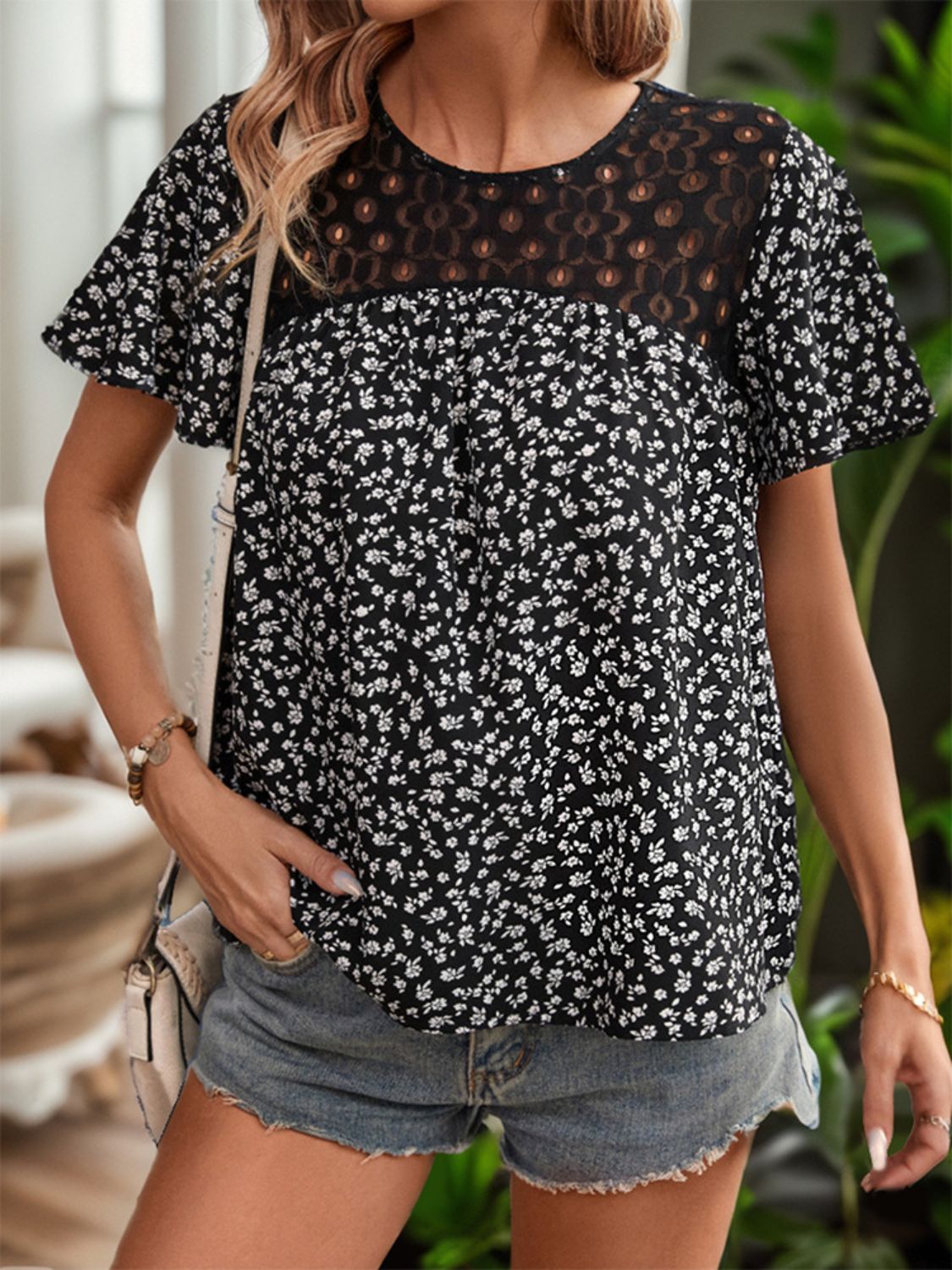 Perfee Lace Detail Floral Round Neck Short Sleeve Blouse