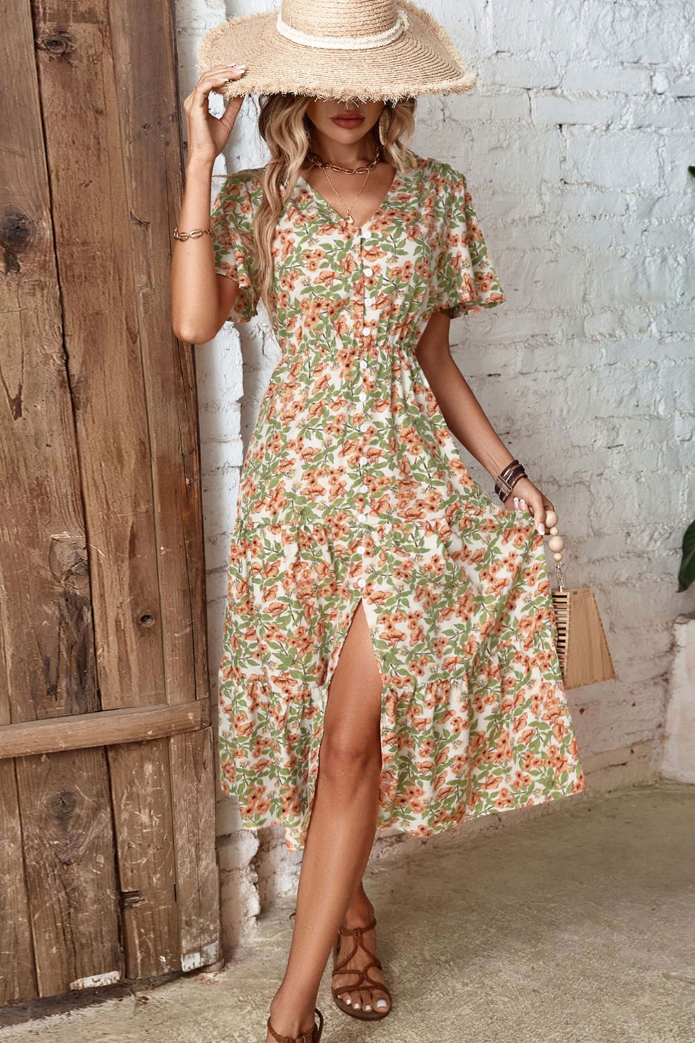 Perfee Floral V-Neck Front Slit Dress