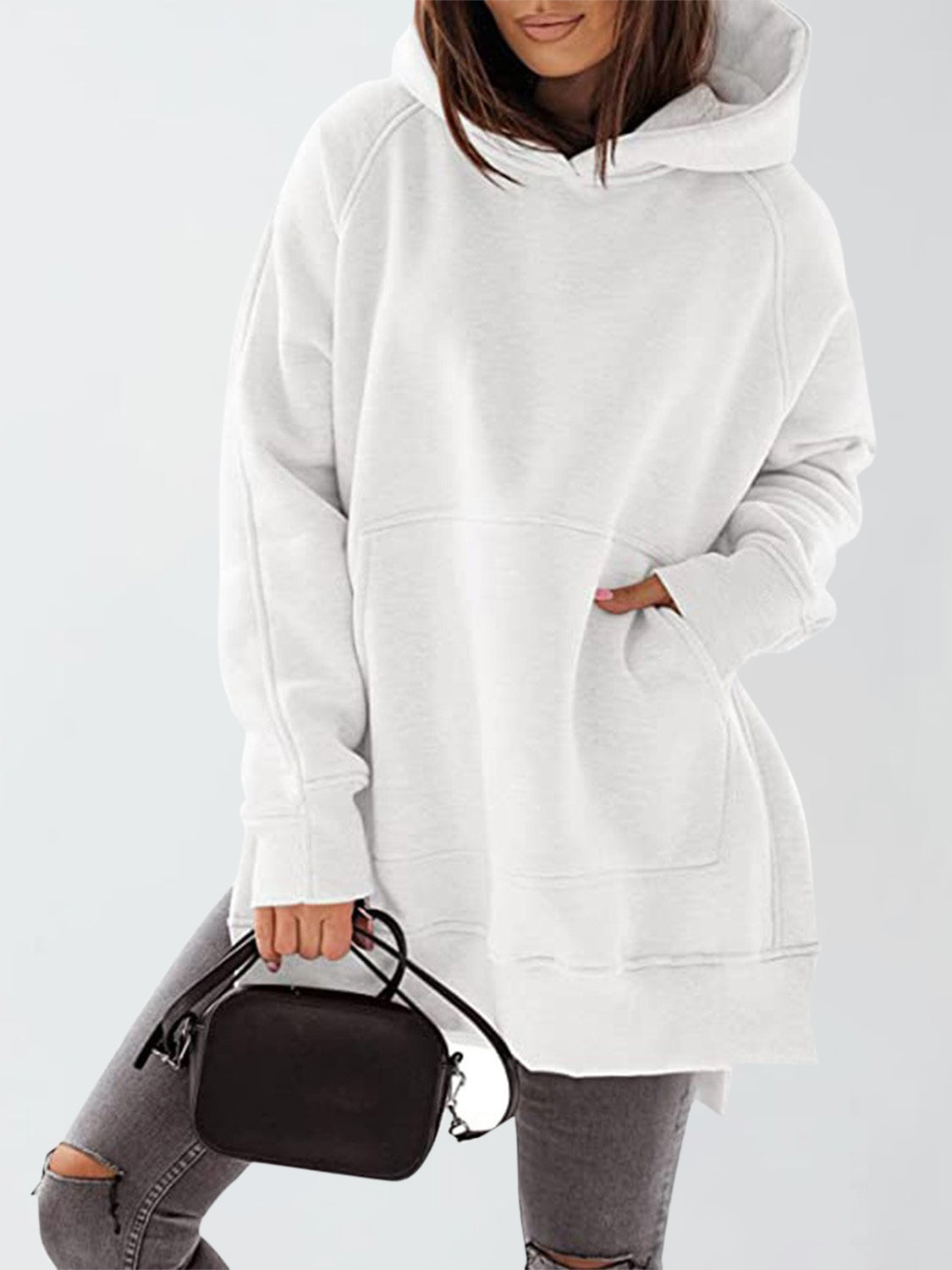 Slit Pocketed Raglan Sleeve Hoodie