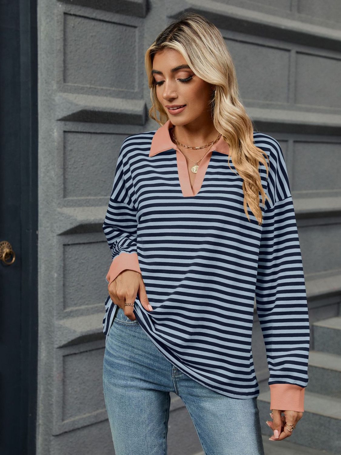 Striped Johnny Collar Long Sleeve Sweatshirt