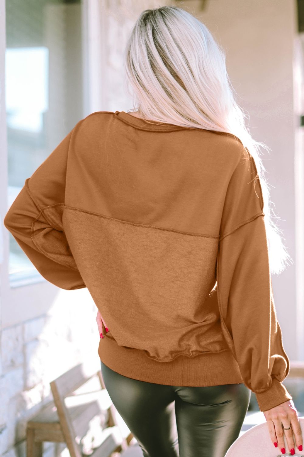 Exposed Seam Half Button Long Sleeve Sweatshirt