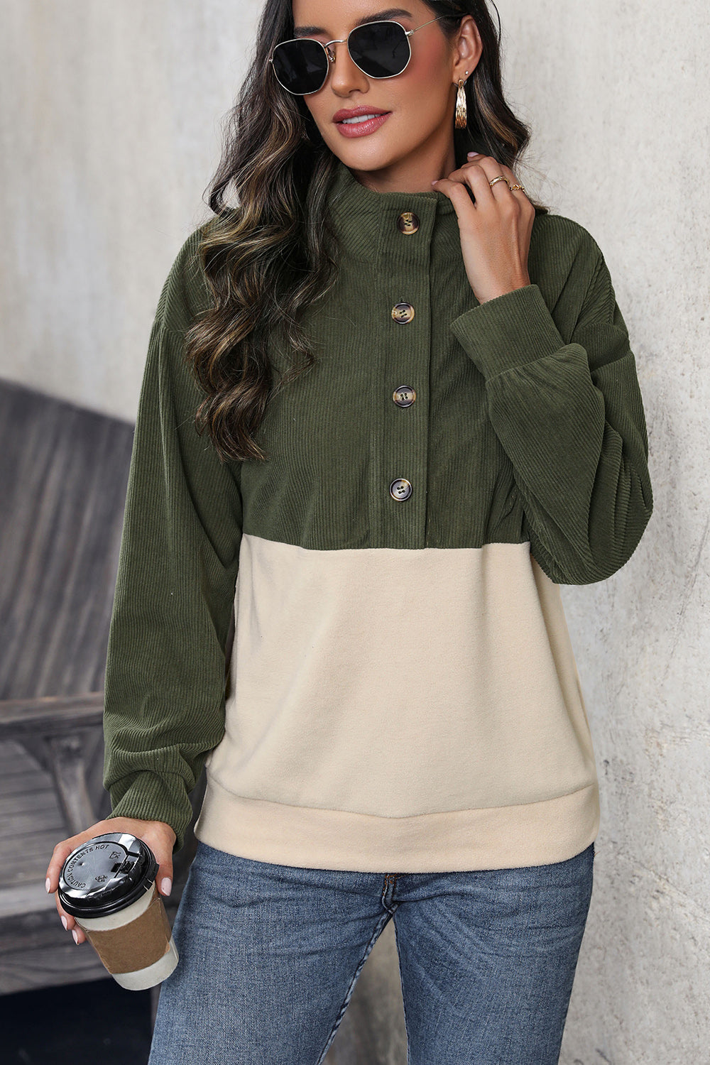 Perfee Ribbed Color Block Half Button Sweatshirt