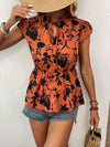 Shiny Printed Tie Neck Cap Sleeve Blouse