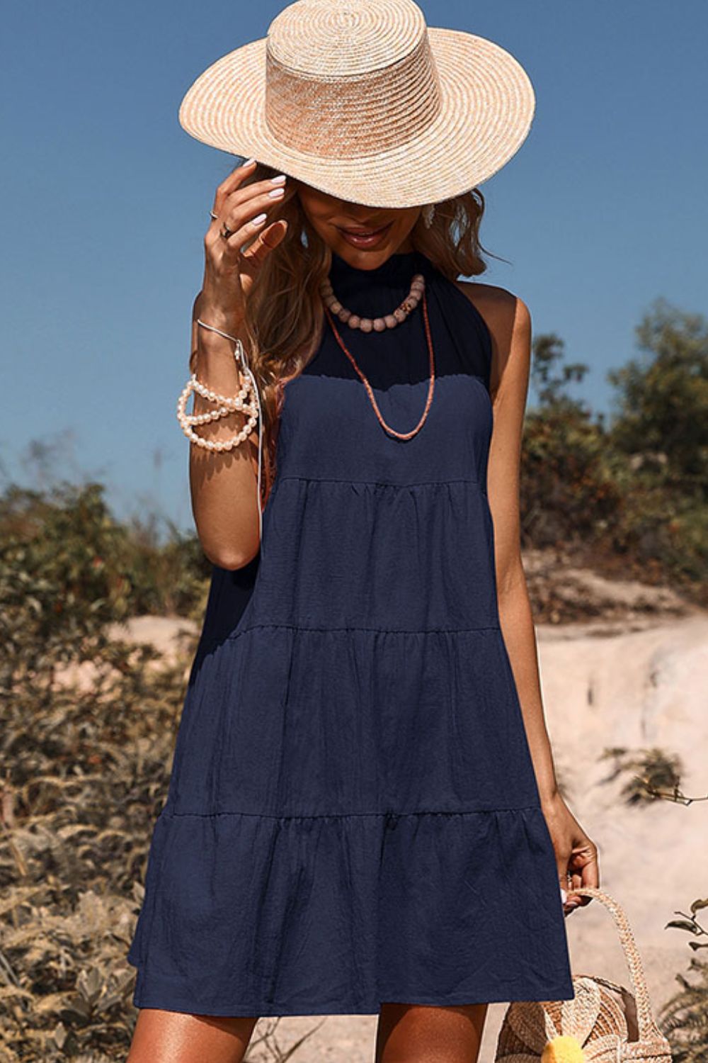 Perfee Tie Back Sleeveless Tiered Dress