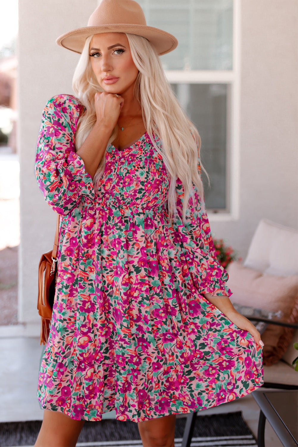 Floral Smocked V-Neck Flounce Sleeve Dress